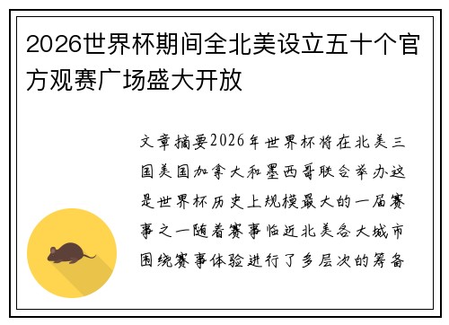 2026世界杯期间全北美设立五十个官方观赛广场盛大开放